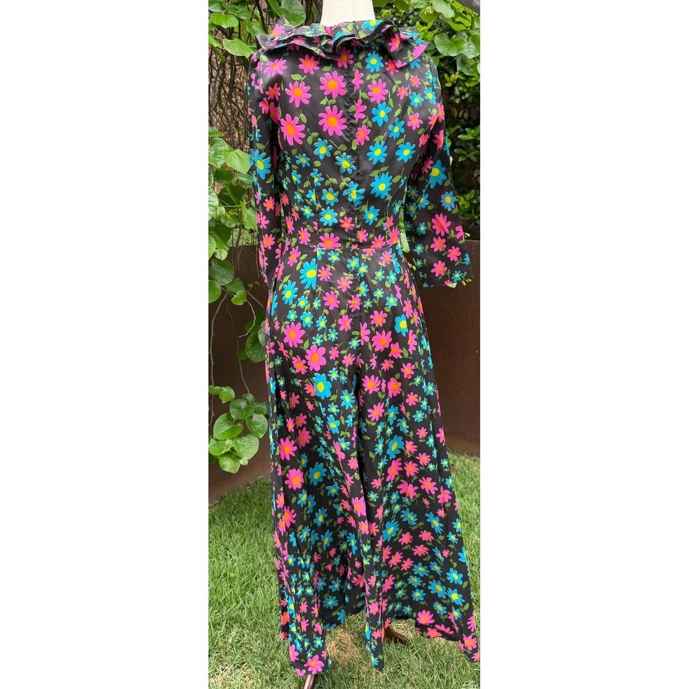 Vtg 60s McKells Dallas Black Daisy Psychedelic Wide Leg Jumpsuit Ruffle Collar S - Picture 4 of 8